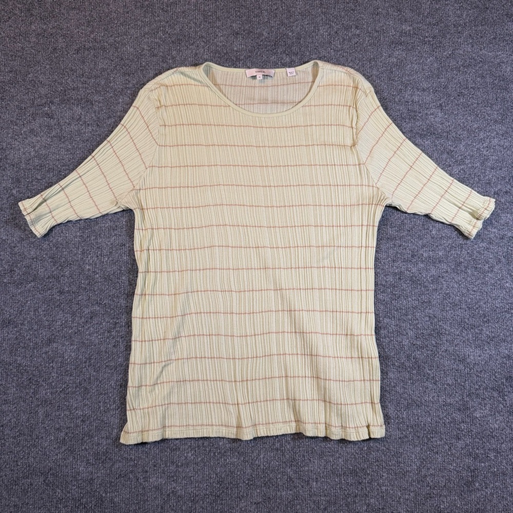 Vince Women's XL Top Green Cotton Variegated Stripe Crew Neck Elbow Sleeve‎